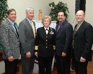 Enjoying the enthusiastic turnout at the February meeting are (l-r) Joe Butchko, chapter vice president; Adm. George Voelker, USN; guest speaker Vice Adm. Ann Rondeau, USN, U.S. Transportation Command; Andrew Ponce, BAH; and Ken Wavering, National Defense Transportation Association.